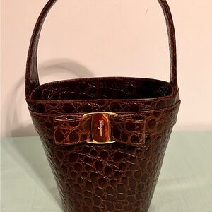 Authentic Ferragamo Ribbon Bucket Handbag Dark Brown